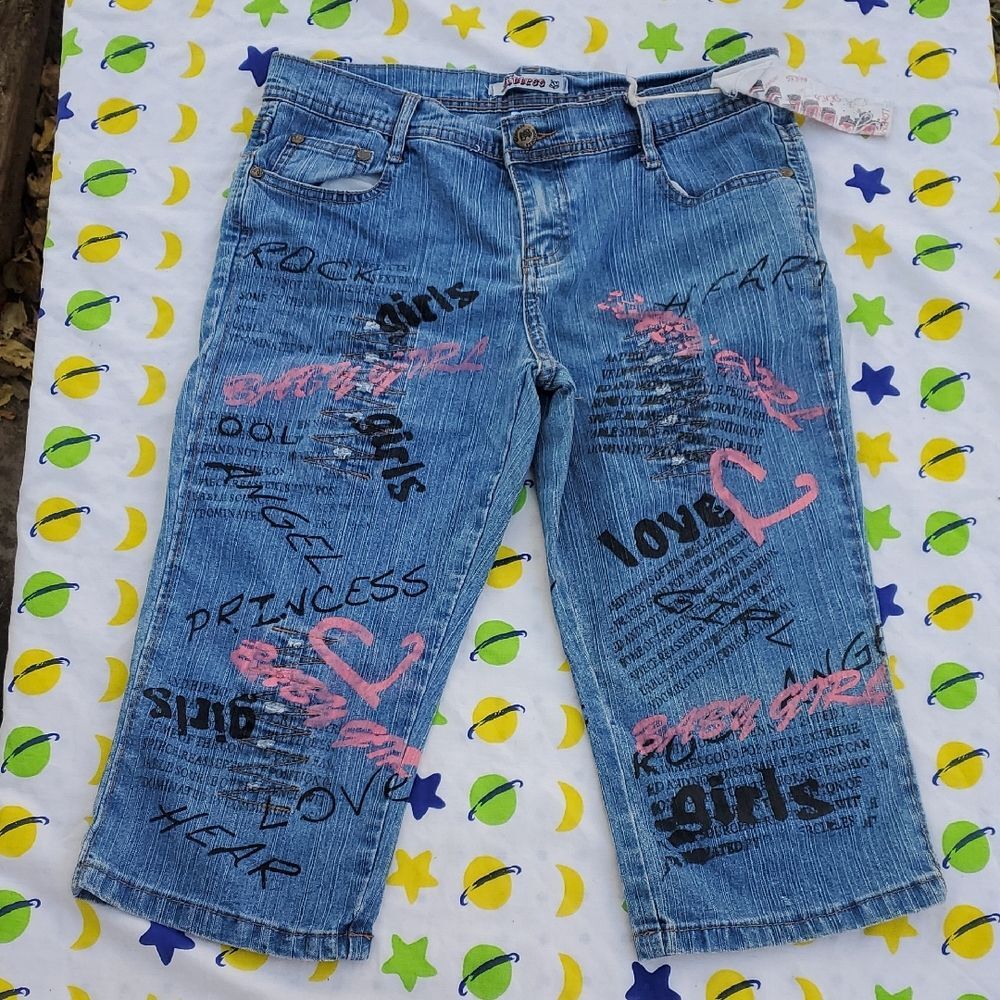 Goddess Size 3 Blue Denim Jeans with Bold Print And Grafitti